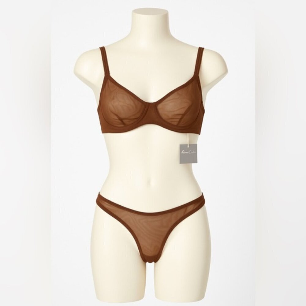 Amour Caché Brown Sheer Mesh Bra & Thong Set – Size 32B Bra / Small Thong
